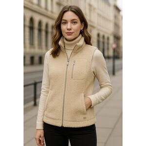 Calvin Klein Beige Sherpa Vest Women’s M Zip Up Sleeveless Cozy Layering Jacket